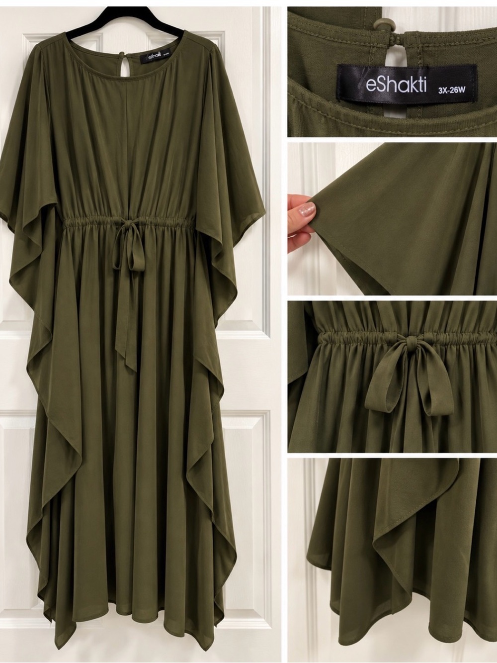 eshakti Olive Green Maxi Dress with Ruffled Cape Sleeves and Tie Waist